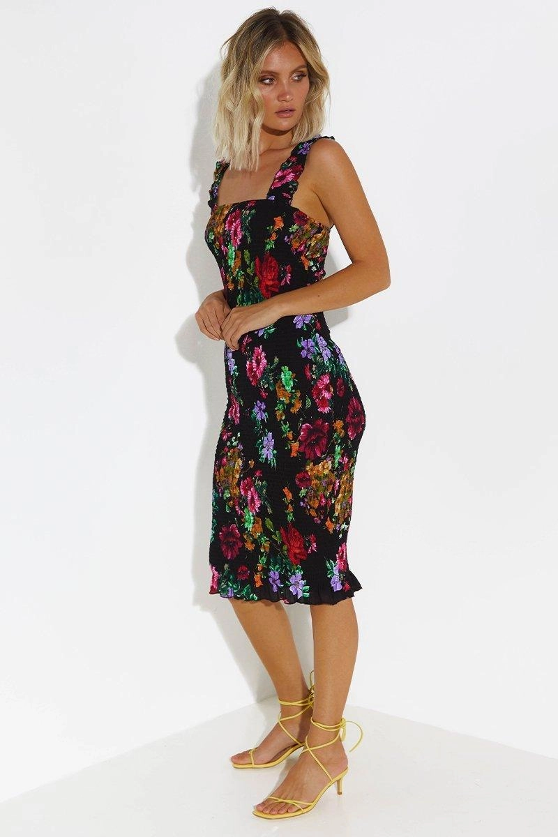 Tina Dress - Black Floral Waist Seam