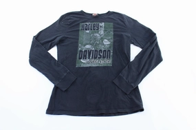 Women's 2008 Harley Davidson Motorcycles Mansfield, Ohio LS T-Shirt Layered Hem Detail