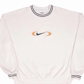 date night look sequin VINTAGE NIKE BIG CENTER SWOOSH WHITE SWEATSHIRT 1990S SIZE 2XL