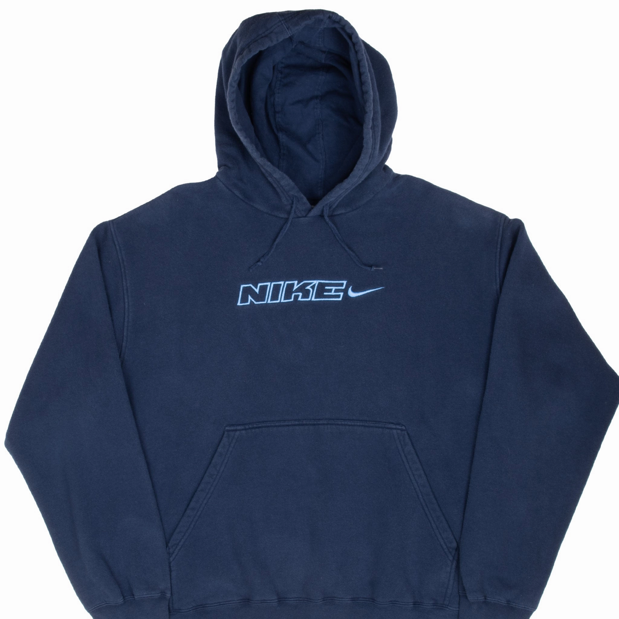 VINTAGE NIKE SPELLOUT SWOOSH NAVY BLUE HOODIE SWEATSHIRT 2000S XL label accents Effortless Style