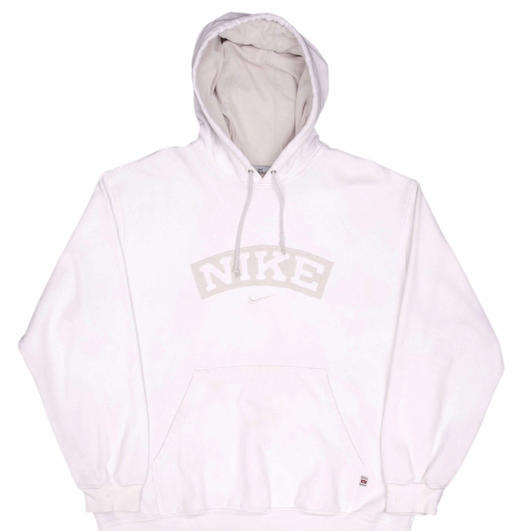 VINTAGE NIKE SPELLOUT SWOOSH WHITE HOODIE SWEATSHIRT 2000S SIZE LARGE Cozy Wear Short