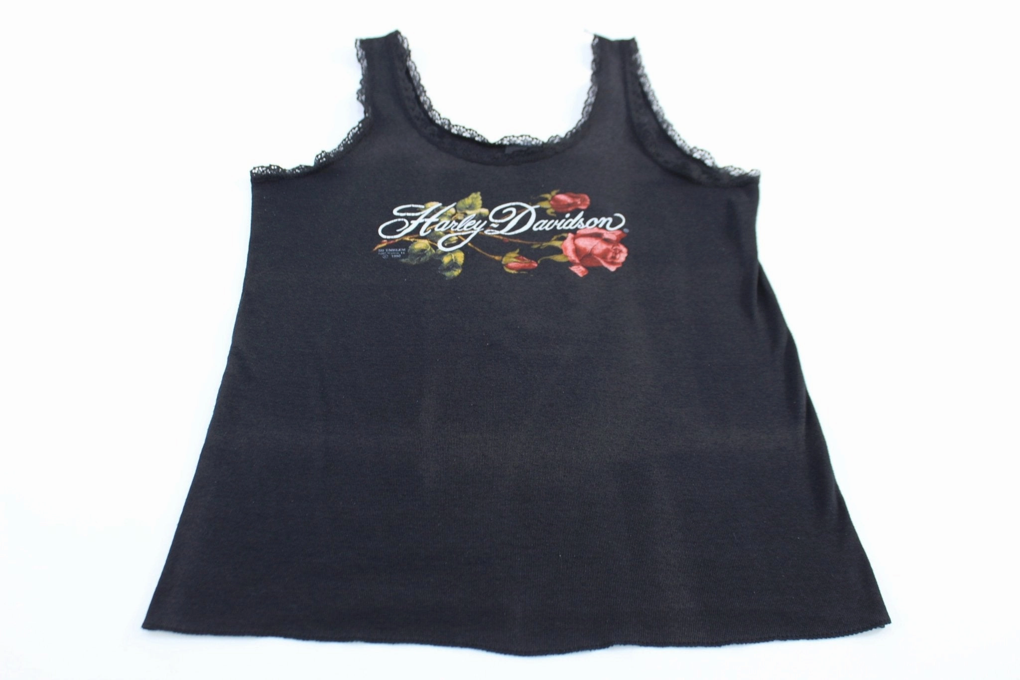Women's 1990 3D Emblem Harley Davidson Rose Graphic Tank Top Relaxed Style Heathered Fabric