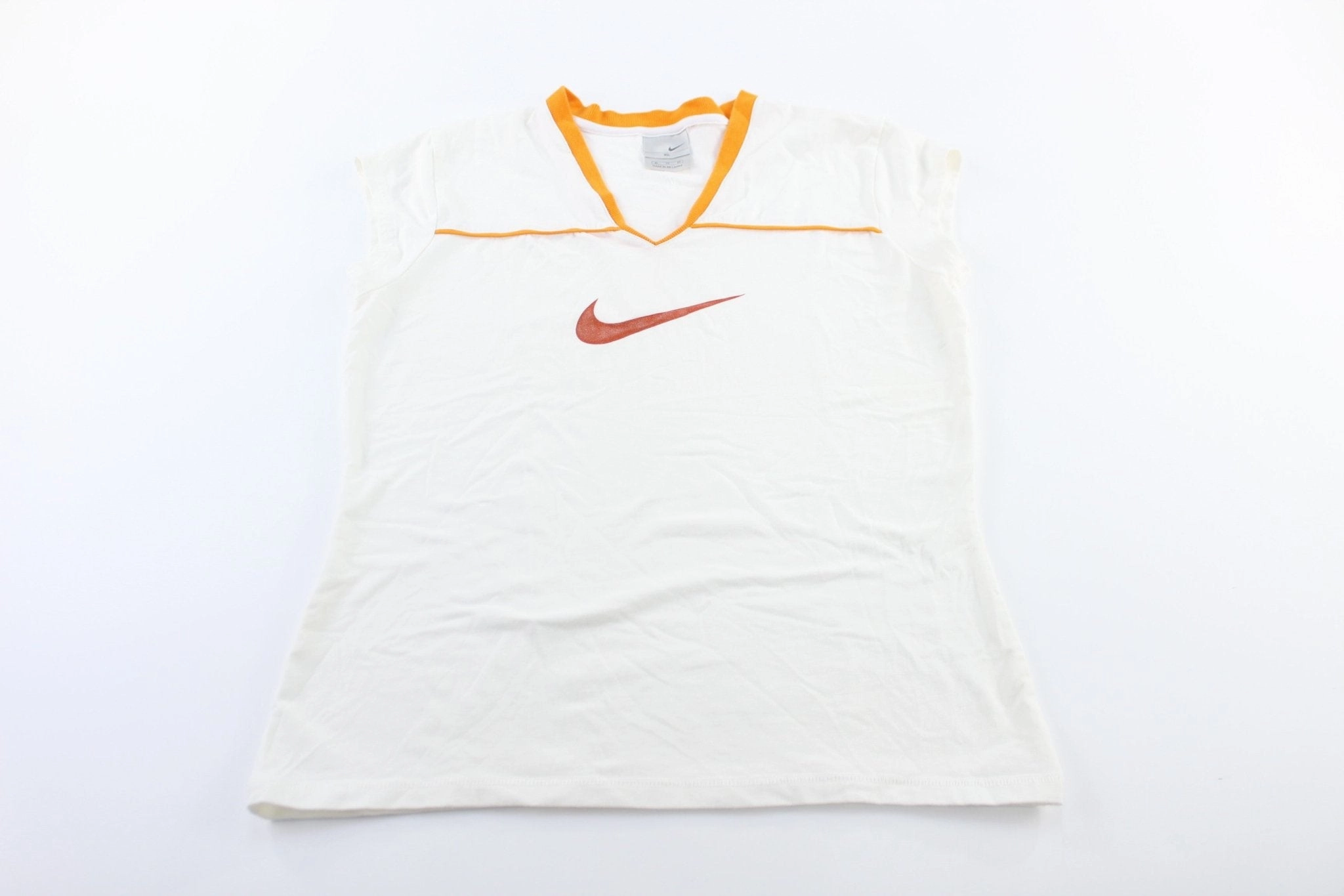 Layered Mesh Inserts Women's Nike Embroidered Logo White & Orange Tank Top